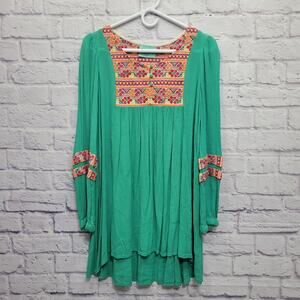 Judith March Green Embroidered Tunic Top Size S Oversized Boho Hippie Retro